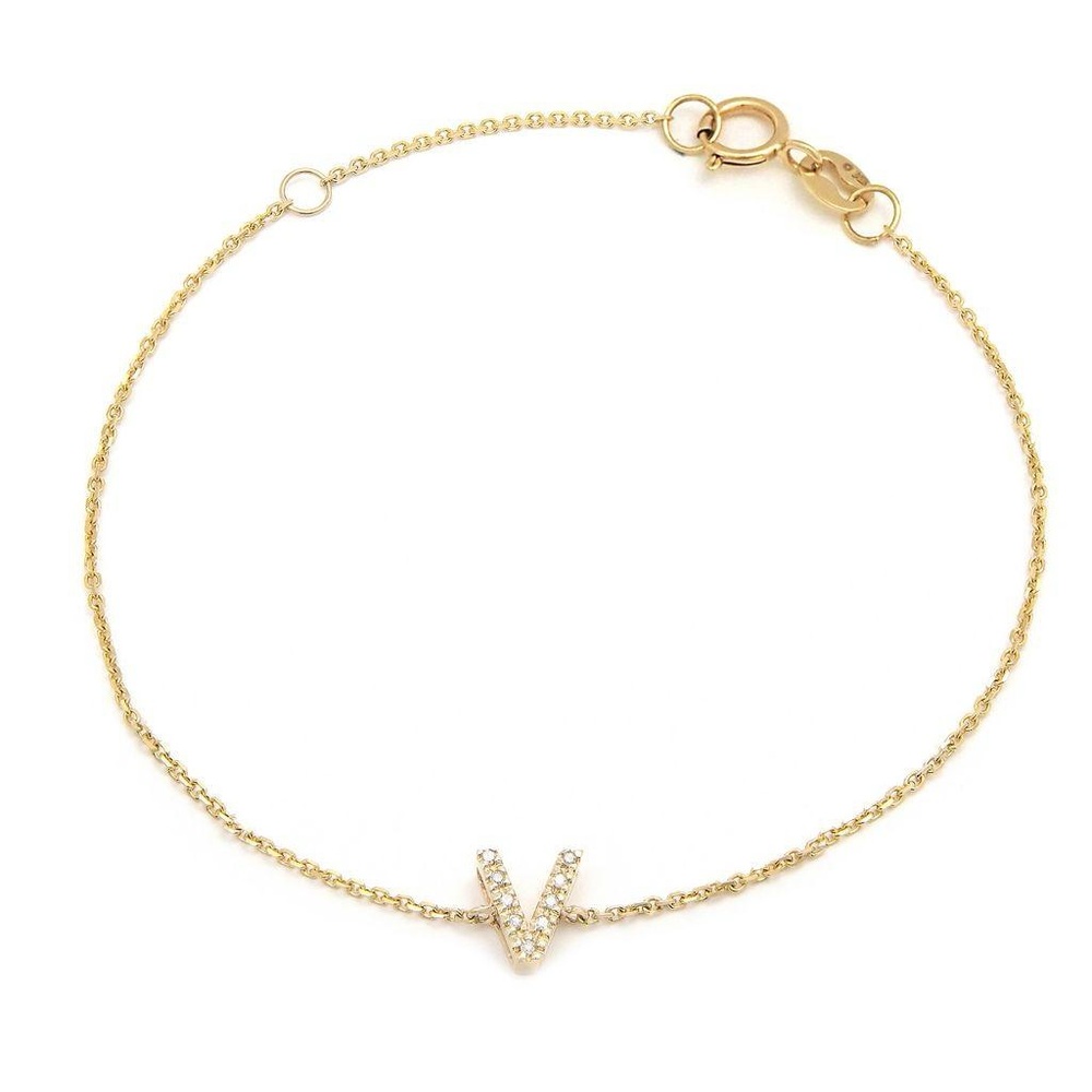 14K Real Yellow Gold  Initial ”V” Single Prong Diamond Bracelet 7+1″